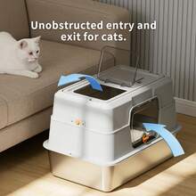 Fully Enclosed Stainless Steel Cat Litter Box, Large Hooded Cat Litter Pan With Front Door & Top Entry, Odor Control Non‑Stick Metal Litter Box, Easy To Clean For Indoor Cats - 50x35x35 - View 3