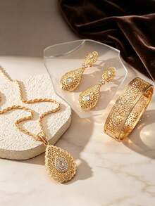 1 Set Jewelry Including 1 Pair Earrings, 1 Bracelet, 1 Necklace Pendant, Arabic Floral Design, Gold-Plated Necklace, Earrings, Bracelet Set, Suitable For Brides, Fashionable Moroccan Jewelry - Yellow Gold - View 1