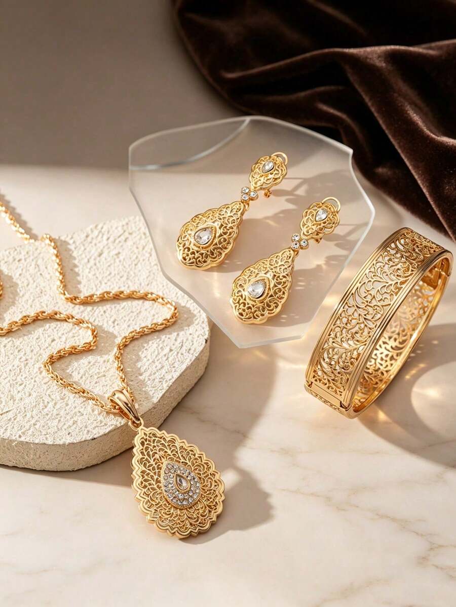 1 Set Jewelry Including 1 Pair Earrings, 1 Bracelet, 1 Necklace Pendant, Arabic Floral Design, Gold-Plated Necklace, Earrings, Bracelet Set, Suitable For Brides, Fashionable Moroccan Jewelry - Yellow Gold - View 1