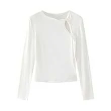秋季新款長毛混紡扭花鏤空甜美性感針織T恤，不對稱圓領修身長袖上衣，白色 - 白色 - 查看 7