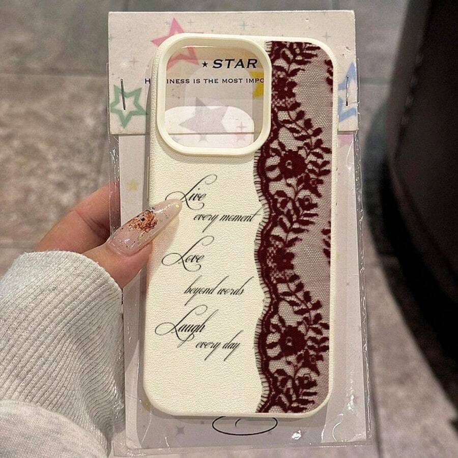 1pc TPU Burgundy Lace Quote Pattern Phone Case Compatible With IPhone 17 Pro Max/17/16 Pro Max/15/13/12/11/ S20 FE/A15/S24/A55/ Note 11/Note 12/Note 13 Pro Full Coverage Anti-Drop Soft Protective Cover - White - View 1