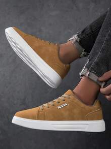 Men's Solid Color Lace-Up Low-Top Round Toe Minimalist Casual Sneakers For Daily Wear - Brown - View 5