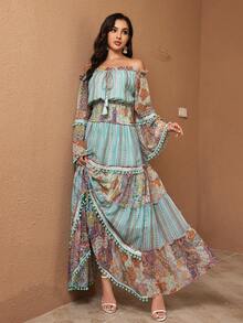 Women's Bohemian Style Printed Dress, Off-Shoulder Long Sleeve, Ruffle Trim, Elegant Elegant - Multicolor - View 7