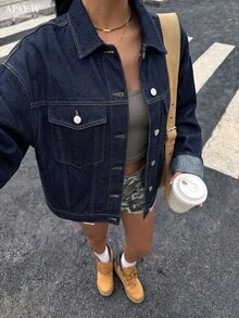 Women's Vintage Washed Denim Jacket Long Sleeve With Pockets, Denim Coat - Tannin Original Color - View 2