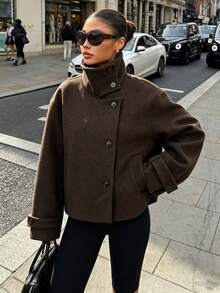Seelio Autumn/Winter New Women's European And American Style Fashion Minimalist Versatile Stand Collar Overcoat - Brown - View 1