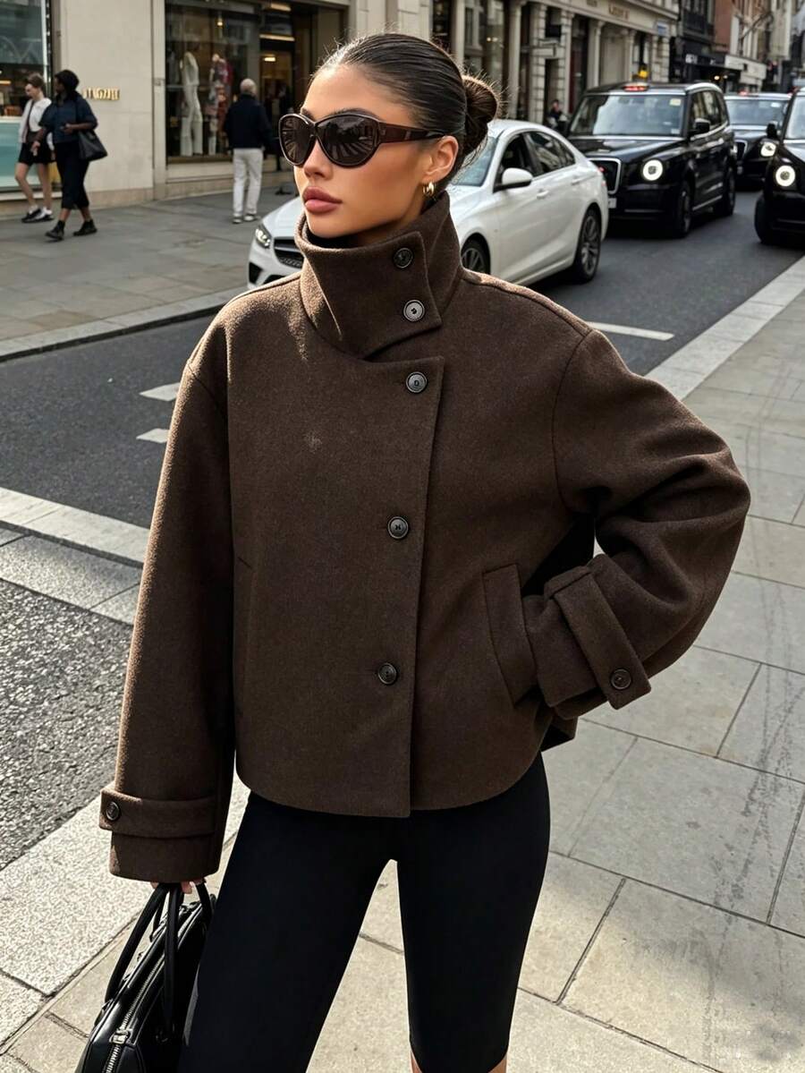Seelio Autumn/Winter New Women's European And American Style Fashion Minimalist Versatile Stand Collar Overcoat - Brown - View 1