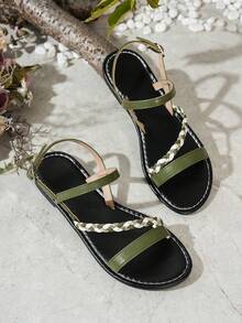 Women's Flat Sandals With Woven Strap Bohemian Style Design, New Summer Beach Wear, Fashionable, Elegant, Comfortable, Versatile, Suitable For Shopping And Home - Dark Green - View 6