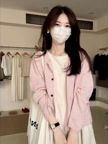 [Y6Y]Korean Style Slouchy Solid Color Round Neck Long Sleeve Knit Cardigan, Autumn Fashion Loose Fit Outerwear Jacket - Pink - View 8