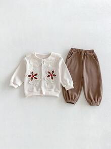 Miniweenns 2pcs/Set Baju Bayi Perempuan Musim Semi/Musim Gugur Rajut Kasual Motif Wafel Warna Kontras Kerah Renda Dekorasi Bunga 3D + Celana Panjang Manset - MultiWarna - View 15