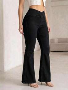 Pantalones  Acampanados Mujer Tiro Alto Cintura Cruzada V Mezclilla Elástica Ajuste Curvy Pierna Larga Corte Flare Dobladillo Desgastado Pantalón Premium - Negro - Ver 7