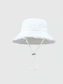 1pc Unisex Frayed Edge Wide Brim Bucket Hat With Adjustable Chin Strap, Solid Color Windproof Sun Hat For Beach Outdoor Travel - Multicolor - View 12