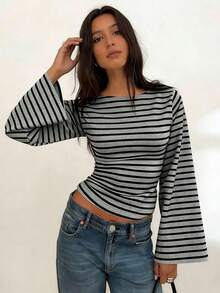 Striped Colorblock Ribbed Long Sleeve T-Shirt For Women, Casual Home Wear - Grey-black - View 5