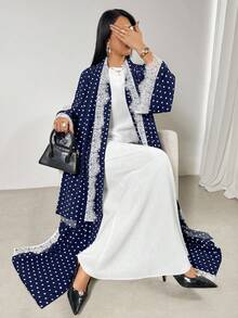 Women's Polka Dot Print Lace Patchwork Hooded Long Sleeve Abaya Spring Fall - Navy Blue - View 6