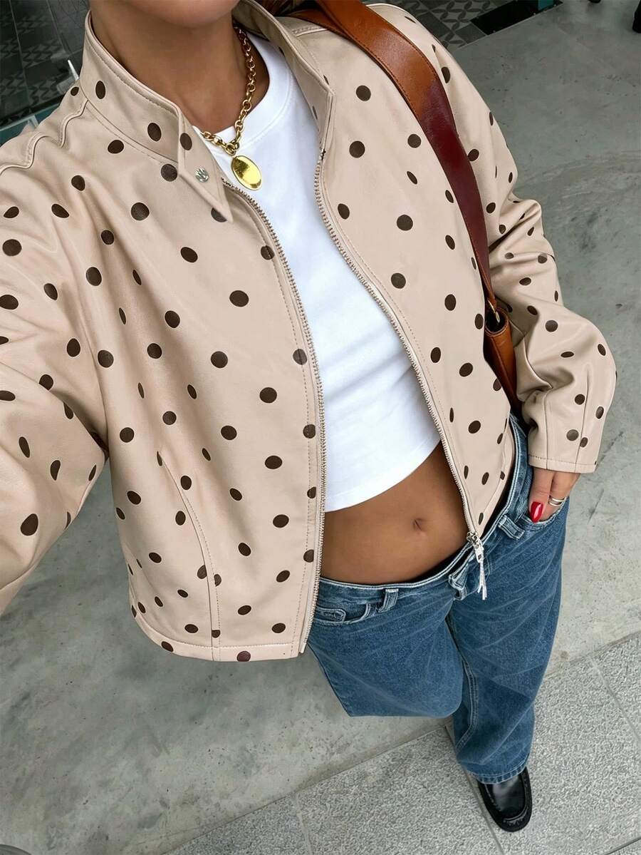 Women's Polka Dot Knit Jacket, Long Sleeve Stand Collar Double Zipper Regular Length, Suitable For Autumn/Winter Wardrobe - Multicolor - View 1
