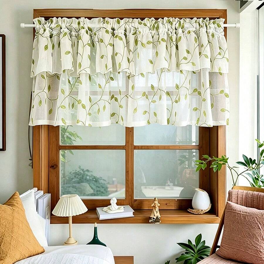 1pc Pastoral Style Green Leaf Print Double Layer Sheer Curtain, Semi-Transparent Pleated Coffee Curtain, Rod Pocket Kitchen Window Short Curtain, Bathroom Dust-Proof Privacy Small Curtain - Green - View 1