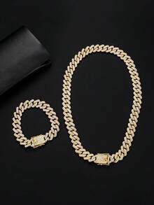 2pcs/Set Men's Hip Hop Accessories, Full Rhinestone Encrusted Gold & Silver Necklace And Bracelet, Suitable For Wedding, Party, And Daily Wear - Rhinestone Cuban Two-piece Set - View 1