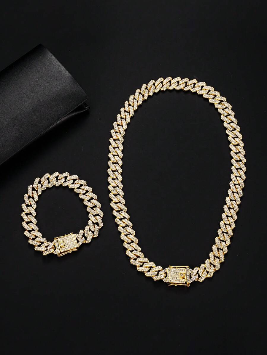 2pcs/Set Men's Hip Hop Accessories, Full Rhinestone Encrusted Gold & Silver Necklace And Bracelet, Suitable For Wedding, Party, And Daily Wear - Rhinestone Cuban Two-piece Set - View 1