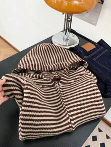 Women's Color-Block Striped Hooded Zip-Up Long-Sleeve Knit Cardigan,Autumn/Winter Preppy-Style Casual Commuter Sweater,Back-To-School Top,Street Wear - Coffee Brown - View 5