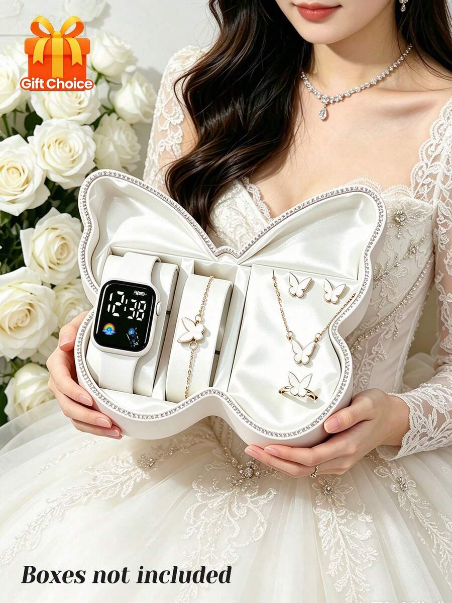 6Pcs/Set Girls Electronic Watch Jewelry, Minimalist Elegant Square LED Digital Display Watch With Matching Butterfly Element Jewelry, Classic Black/White/Pink Color Palette, Simple Fashionable And Sophisticated, Unique Choice For Wedding/Birthday/Holiday Gift (Gift Box Not Included) - Multicolor - View 1
