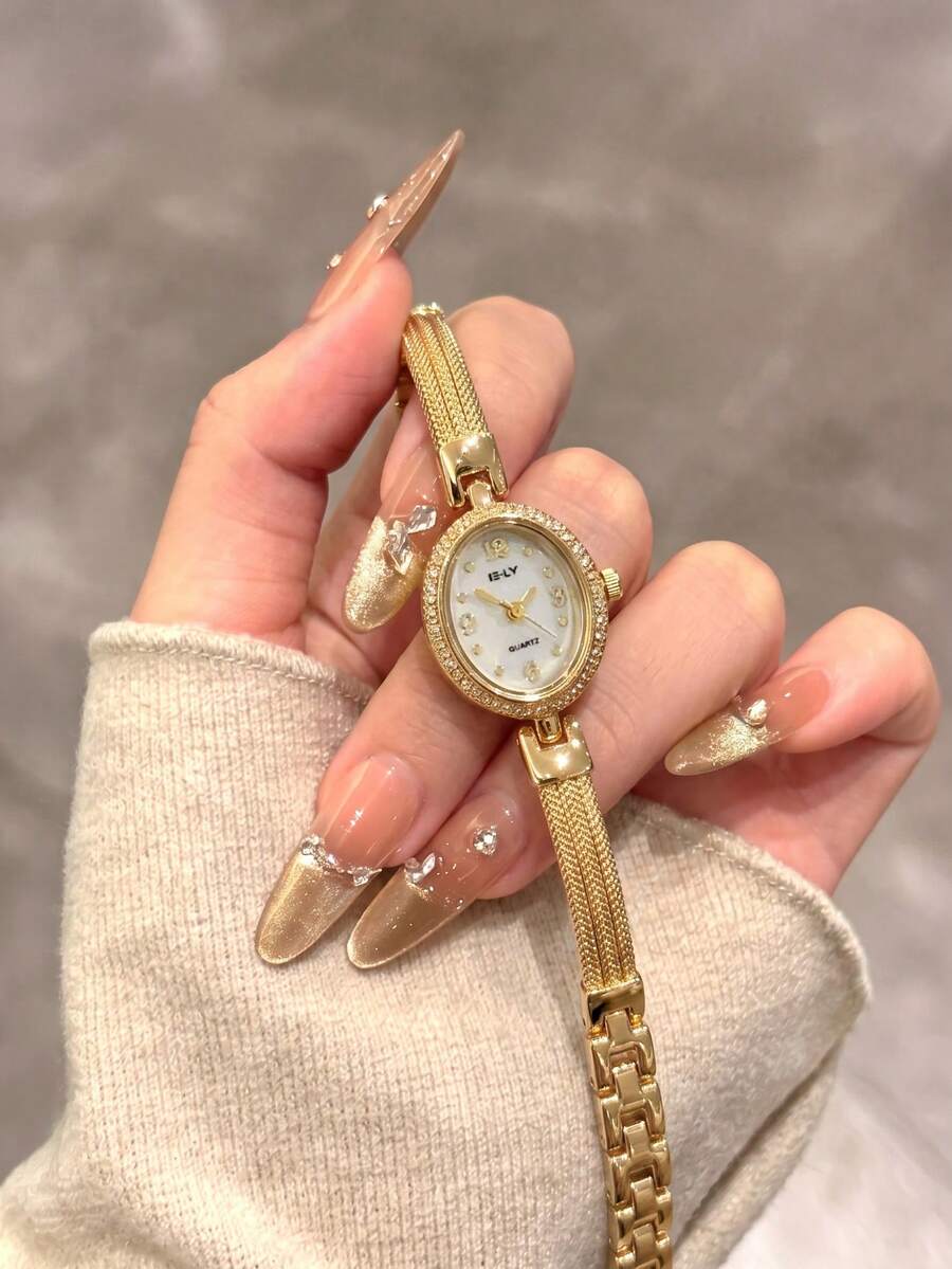 SOKI Women's Vintage Mini Oval Quartz Watch, Rhinestone Bezel White Dial Mesh Metal Bracelet Wristwatch, Delicate Elegant Ladies Dress Watch For Daily Office, Date, Fashion Jewelry Gift