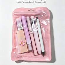 文具套組，6合1美學學習用品套組，包含圓珠筆、鉛筆、螢光筆、鋼珠筆、橡皮擦和修正帶，適用於日常書寫與筆記 - 套裝 - 查看 9