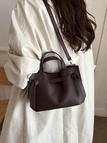 Solid Color Minimalist Lychee Textured Handbag, Crossbody Bag With Strap, Buckle Bucket Bag - Coffee - View 3