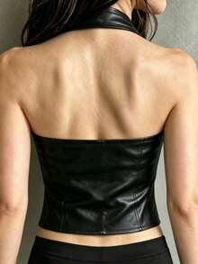Women's Solid Color Front Button Halter Neck Tank Top, Fashionable Evening Casual Style - Black - View 3