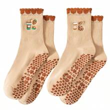 1/2/3/6 Pares de Meias de Cano Médio Antiderrapantes para Pilates e Yoga Femininas, com Bordado de Abóbora Cartoon, Punho Franzido e Aderência de Silicone, Meias Esportivas para Dança, Corrida e Balé, Presente Ideal para o Halloween - Multicolorido - Visão 6