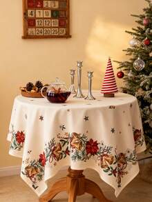 MineLain 1pc Merry Christmas Rectangular Tablecloth, Cream Color, Dining Table Cloth, Christmas Bells And Red Flowers, Poinsettia, Dining Table, Coffee Table Cloth, Home Decor, Holiday Party Tablecloth, Suitable For Home Kitchen Dining Room, Dinner, Gathering, Party, Birthday, Holiday, New Year Theme Event Decoration, Christmas Decoration, Winter Decoration - Multicolor - View 8