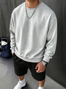 Oversized 240g Pure Cotton Solid Color Sweatshirt, Round Neck Long Sleeve Minimalist Casual Pullover Top For Men - 灰色3 - 查看 11