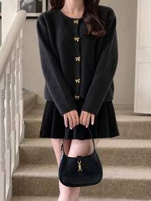 女款長袖蝴蝶結鈕扣寬鬆針織開襟衫 - 黑色 - 查看 3