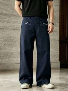 Modcrash New Men's Fashion Loose Wide Leg Pants, Vintage Metal Rivet Decoration, Quality Textured Design, With Pockets Daily Wear, Office And Casual - Navy Blue - View 7