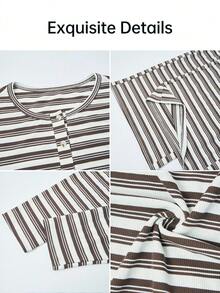 BIUBIU Plus Size Women's Home Set, Striped High Elasticity 2 Pieces Set, Round Neck Top With Wide Leg Pants, Fashion Button Detail - Apricot Brown - View 6