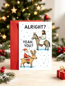1pc Funny Comical Christmas Card With Envelope, "Alright? Yeah, You?", Humorous Santa & Festive Rider On Reindeer & Donkey Xmas Greeting Card, Hilarious Gift For Friends Family Coworkers, Blank Inside - View 1