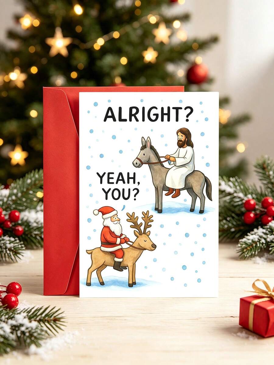 1pc Funny Comical Christmas Card With Envelope, "Alright? Yeah, You?", Humorous Santa & Festive Rider On Reindeer & Donkey Xmas Greeting Card, Hilarious Gift For Friends Family Coworkers, Blank Inside - View 1