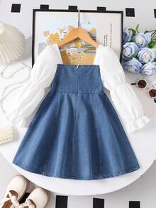 1pc Girls Elegant Glamorous Floral Decor Patchwork Sleeve Dress Autumn - Blue - View 2