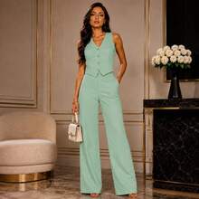 Conjunto Feminino Alfaiataria Premium Colete Decote V Com Botões e Calça Pantalona Cintura Alta Elegante - Verde Menta - Visão 2