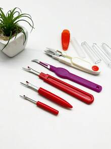 5pcs Red Seam Ripper Set, Includes Thread Snips, Sickle-Shaped Seam Ripper, Large, Medium, And Small Seam Rippers, Protective Cover Design For Easy Organization And Storage, Suitable For Home Sewing, Patching, Quilting, Embroidery And Daily Fabric DIY - Thread Remover - View 1