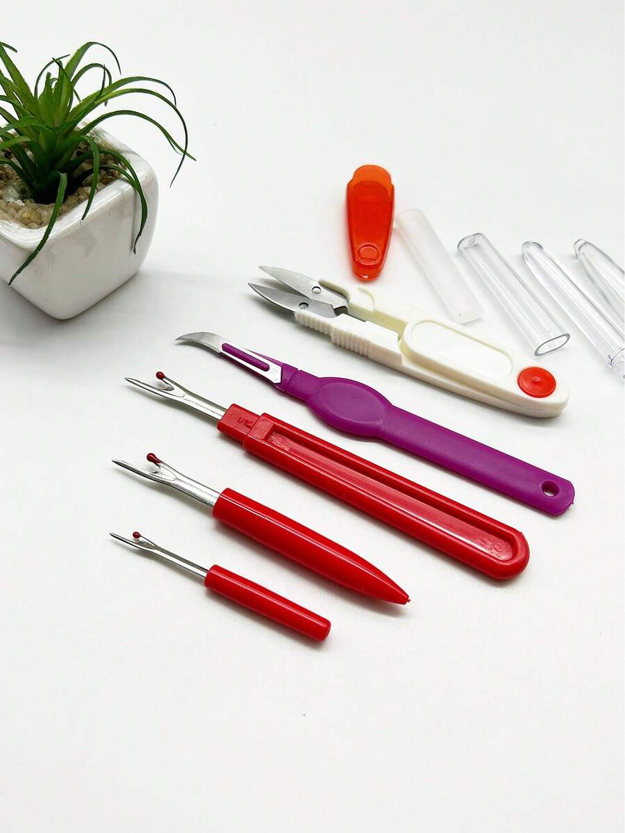 5pcs Red Seam Ripper Set, Includes Thread Snips, Sickle-Shaped Seam Ripper, Large, Medium, And Small Seam Rippers, Protective Cover Design For Easy Organization And Storage, Suitable For Home Sewing, Patching, Quilting, Embroidery And Daily Fabric DIY - Thread Remover - View 1