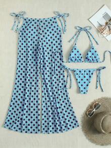 藍色波點掛脖比基尼三件套，附網格寬腿罩衫，性感度假風泳裝 - 彩色 - 查看 3