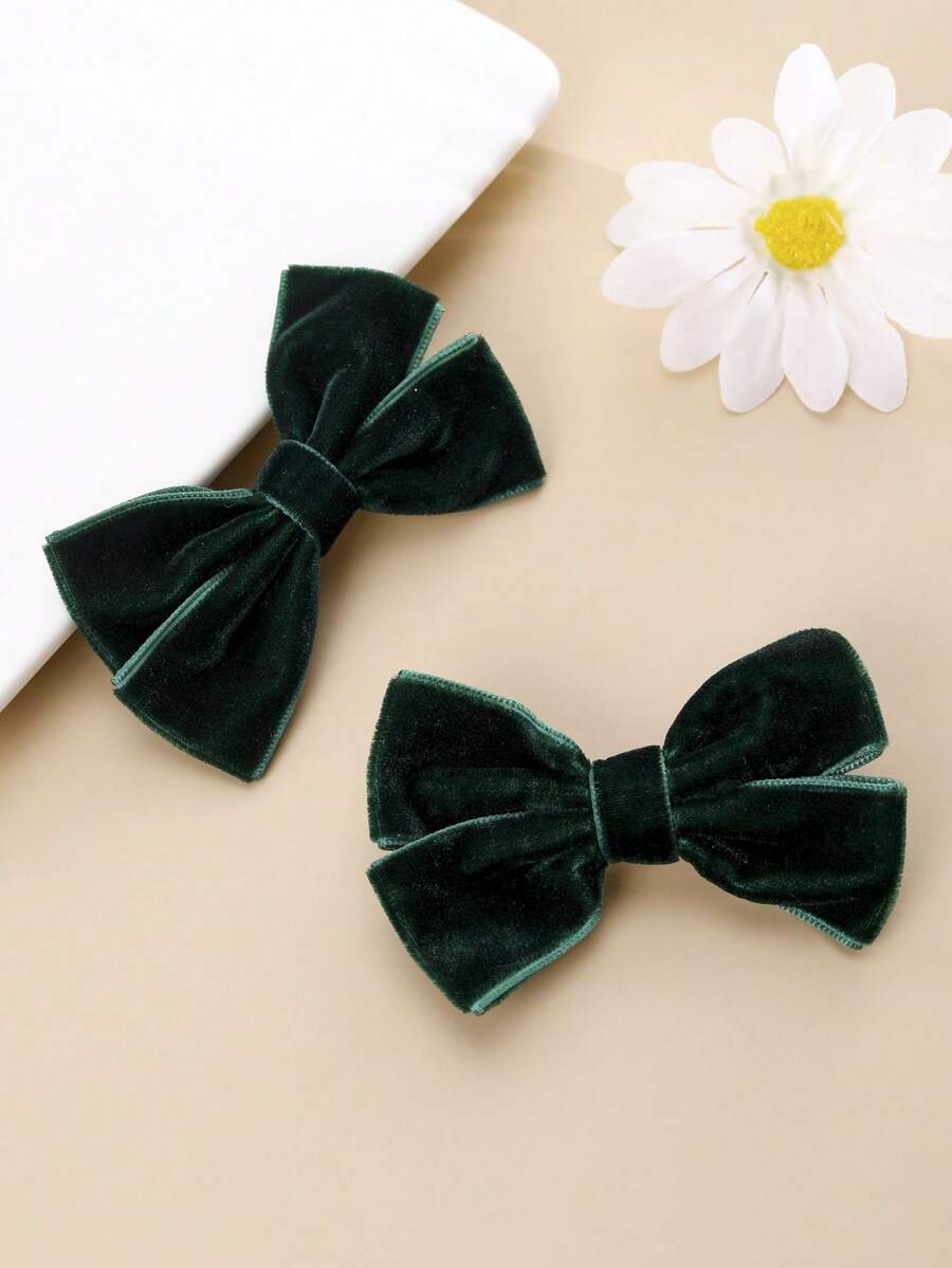 2pcs Dark Green Velvet Bow Hair Clips For Girls, Cute Bow Barrettes, Alligator Clips, Daily Party Hair Accessories - Multicolor - View 1