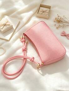 Tas bahu dan tas jinjing kulit imitasi timbul dengan desain pita retro, dilengkapi pegangan atas; cocok untuk penggunaan sehari-hari. - MultiWarna - View 8