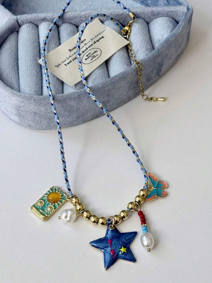 1pc Women's Multi-Color Metal Fashion Y2K Star Butterfly Pendant Necklace, Suitable For Daily Dopamine Outfit - Multicolor - View 1