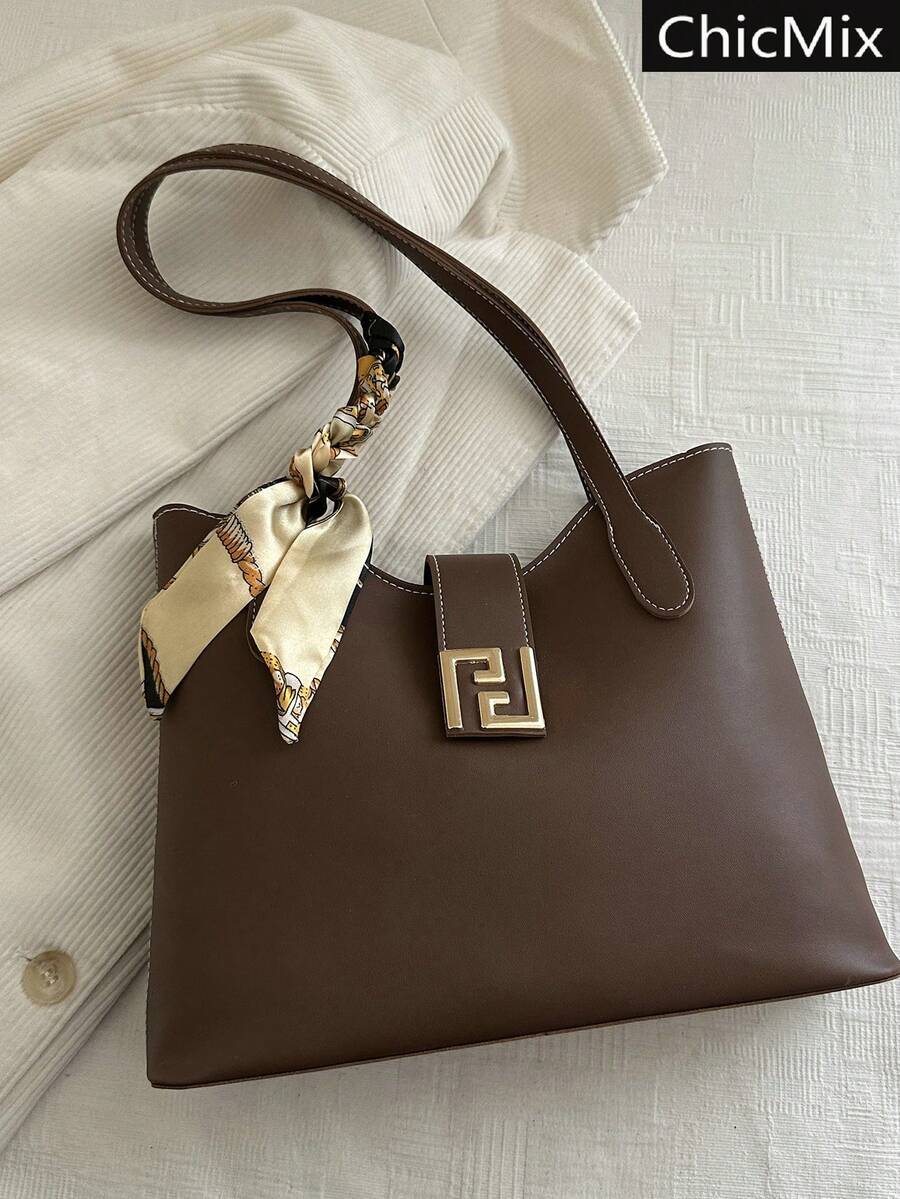 1pc PU Shoulder Tote Bag With Scarf Decor, Large Capacity, Lightweight And Versatile, Suitable For Commuting