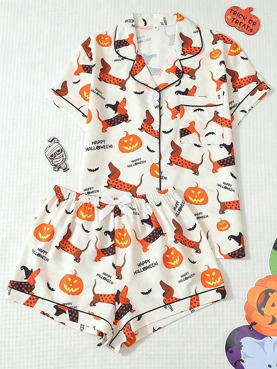ROMWE 2pcs Women's Comfortable Halloween Pumpkin & Dachshund Print Collared Short Sleeve Top And Bowknot Shorts Pajama Set - Apricot - View 1