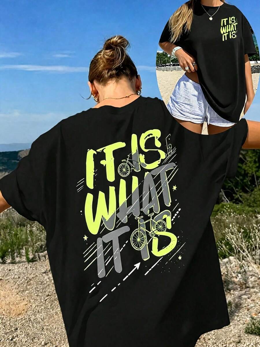 Casual Oversized Round Neck Drop-Shoulder T-Shirt By Mme Xia, Plus Size, Comfortable And Slightly Elastic. - 黑2 - 查看 1