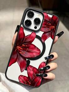 Minimalist Fashion MagSafe Phone Case With Black Lily Flower Pattern, Compatible With IPhone 18/18 Pro/18 Pro Max/17/17 Air/17 Pro/17 Pro Max/16/15/14 Pro Max/13/12/11, Shockproof Anti-Drop Full Coverage Phone Case With Magnetic Protection And Durable Design - Black 2 - View 3