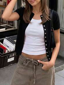 女款新款亮紅色短袖圓領單排扣修身針織毛衣 - 黑色 - 查看 7