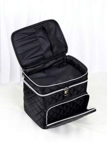Large Capacity Quilted Makeup Bag With Handle And Zipper - Multi-Functional Double Layer Travel Cosmetic Organizer, Black Fabric With Embroidered Woven Pattern And Silver Zipper, Large Size Makeup Bag, Compartmentalized Storage, Convenient And Tidy - Black - View 4