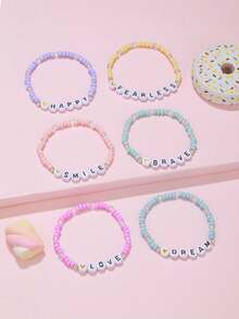 6pcs Kids Inspirational Letter Bracelets Set | Macaron Color Beaded Bracelets For Girls Friendship Jewelry - Multicolor - View 1